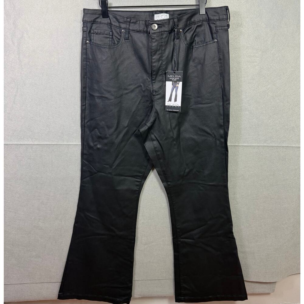 Sofia Jeans Melisa High Rise Flare Coated Black Denim Women’s Size 18
